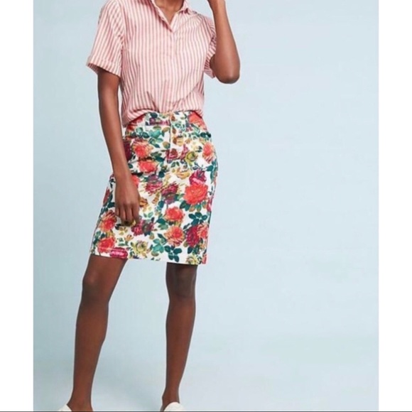 Anthropologie Dresses & Skirts - Maeve Floral White Cotton Denim Pencil Skirt 8